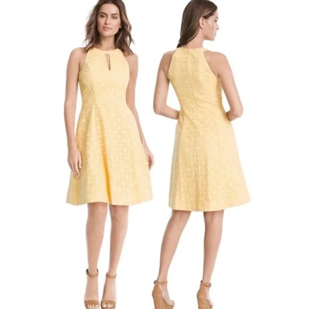 White House Black Market | WHBM Yellow Geometric Layered Pockets Fit Flare Dress